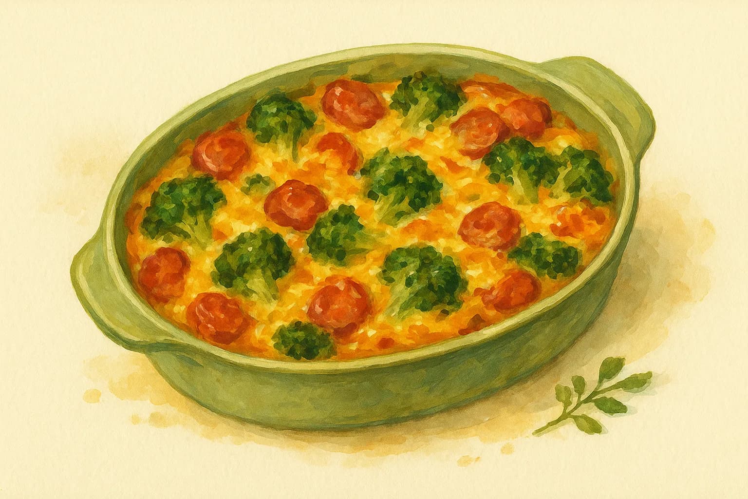 Cheesy Broccoli and Chorizo Bake — illustration