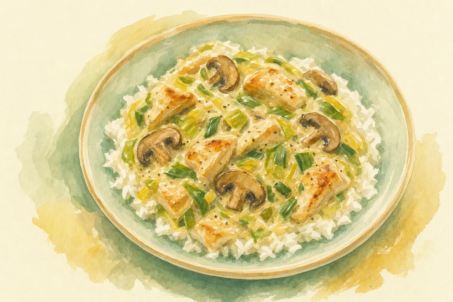 Creamy Chicken, Leek & Mushroom Pie Filling Over Rice — illustration