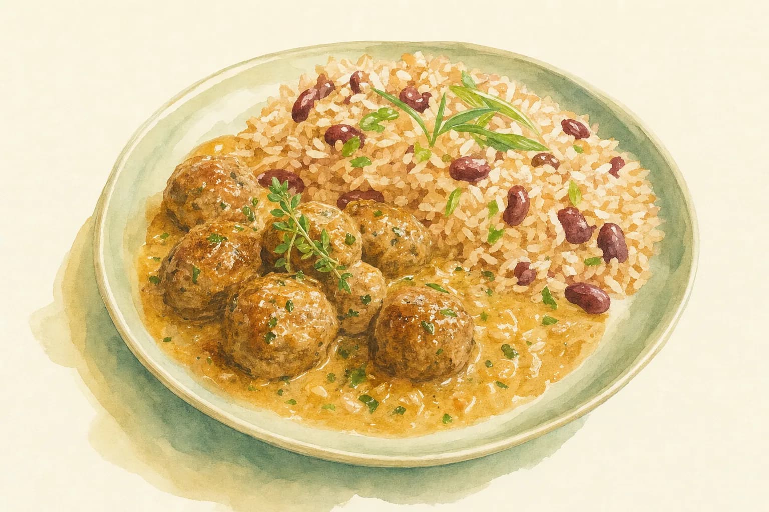 Creamy Meatballs with Bone Broth Sauce and Rice & Peas — illustration