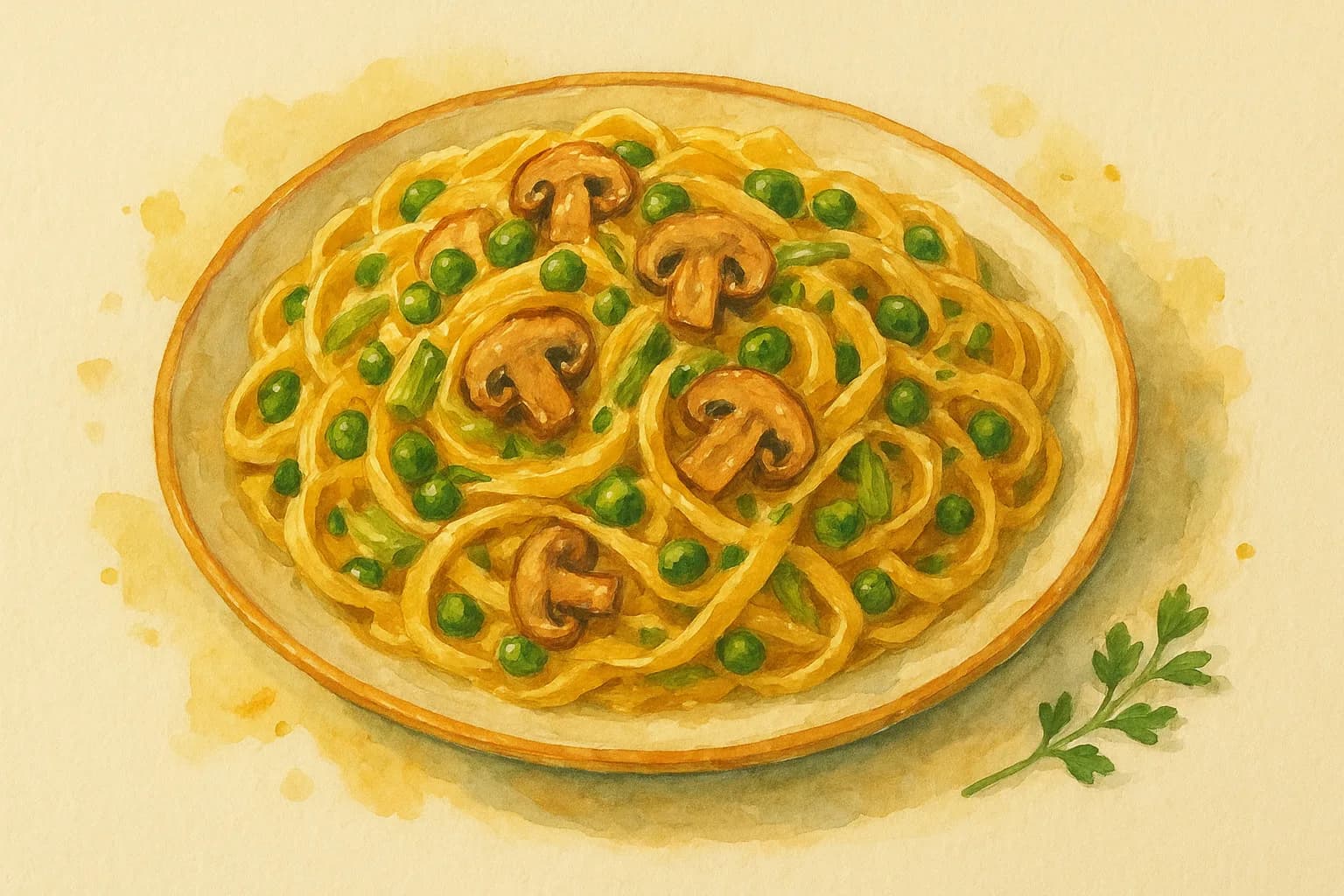 Leek, Pea and Mushroom Creamy Pasta — illustration