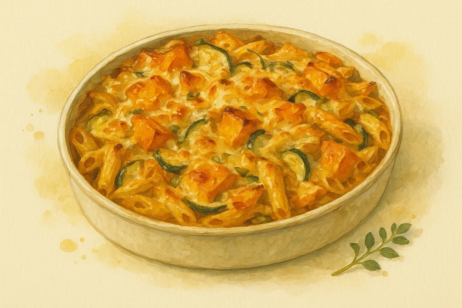 Pumpkin, Courgette and Onion Cheese Pasta Bake — illustration